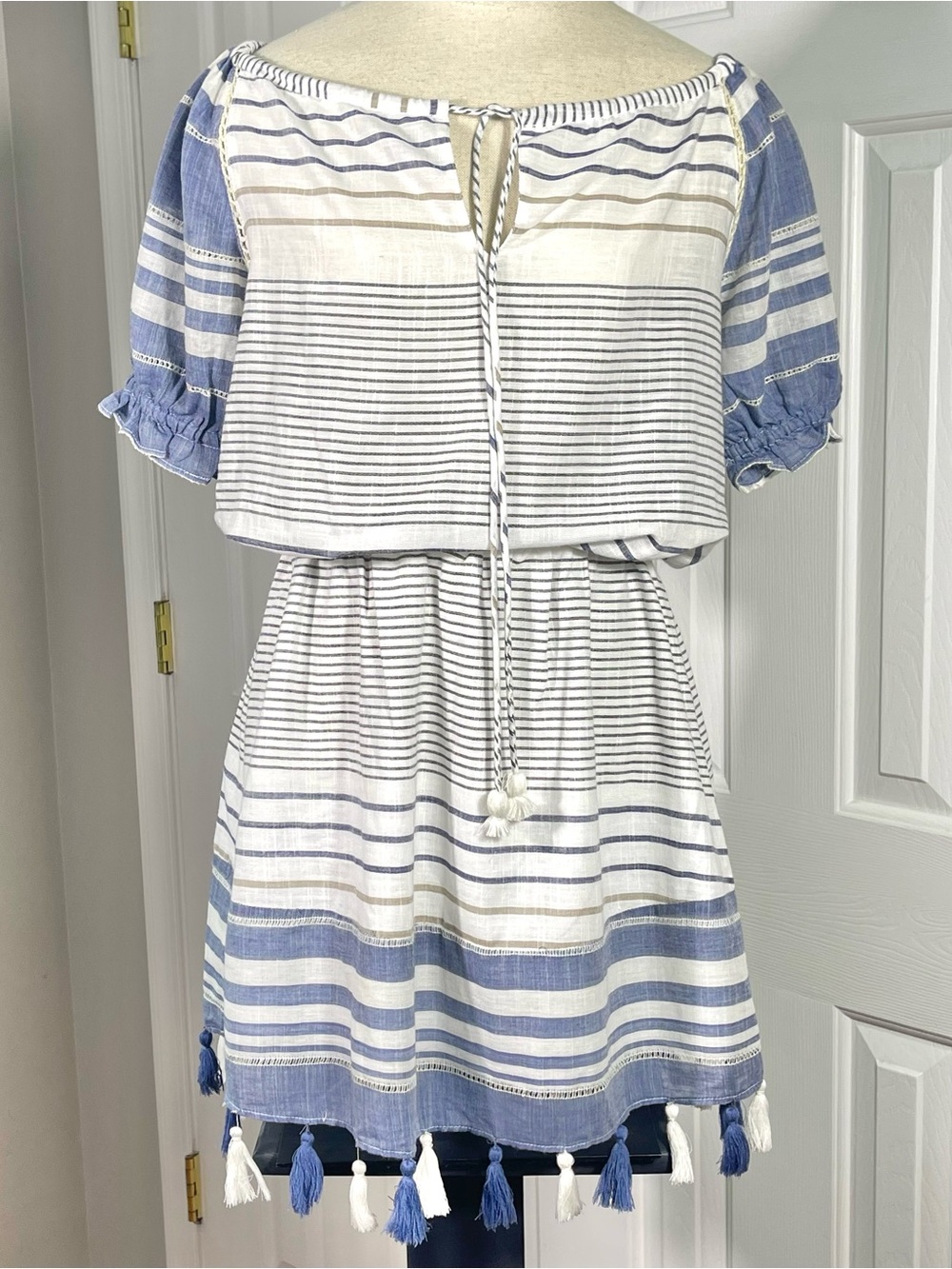 SAYLOR Valeria Blue White Black Striped Cotton Mini Dress Tassel Hem Size Small